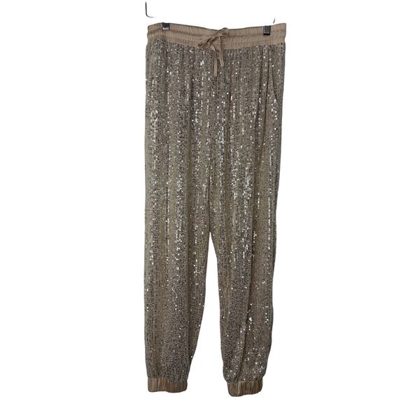 Ellison Sequin Jogger Pants in Champagne Beige Size M Holidays Glam - Picture 2 of 9